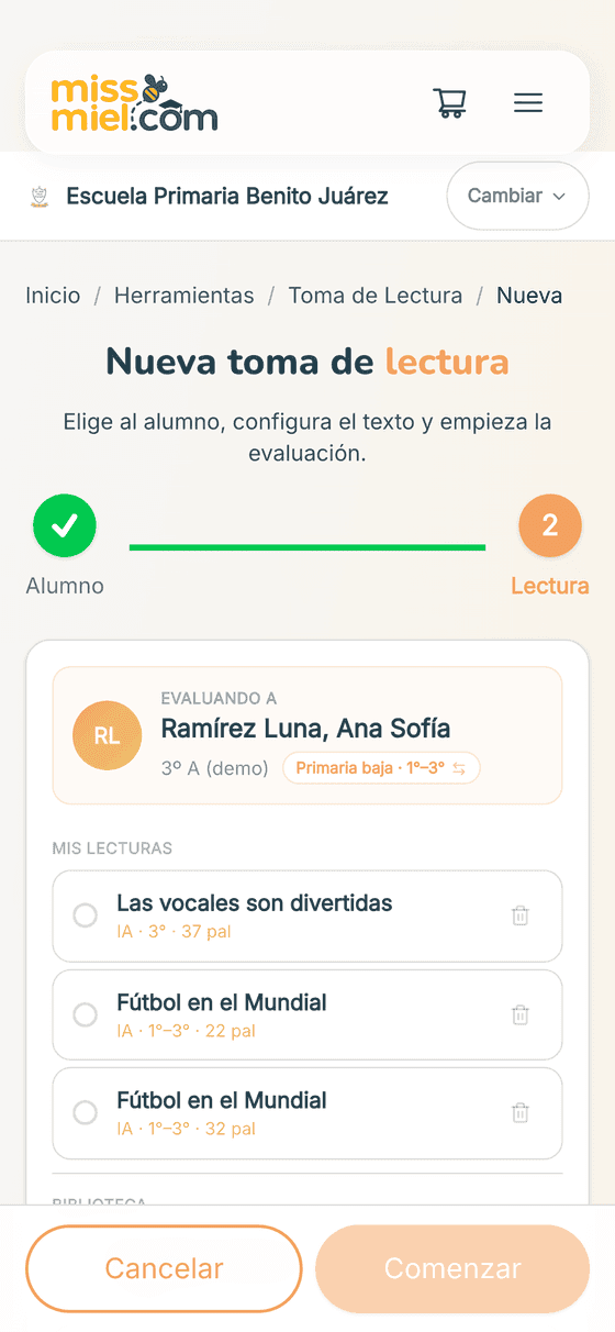 Selección del texto de lectura entre las guardadas y la biblioteca por grado
