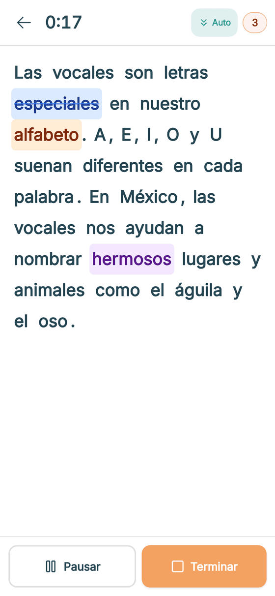 Lectura en curso con el cronómetro corriendo y palabras marcadas como error
