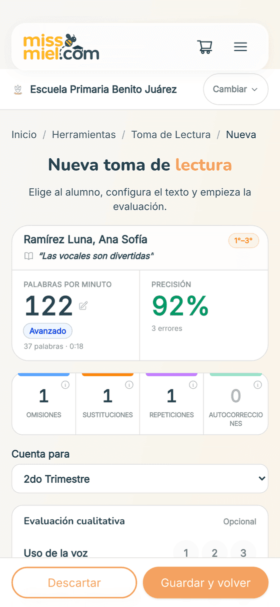 Resultado de la toma con palabras por minuto, precisión y errores por tipo