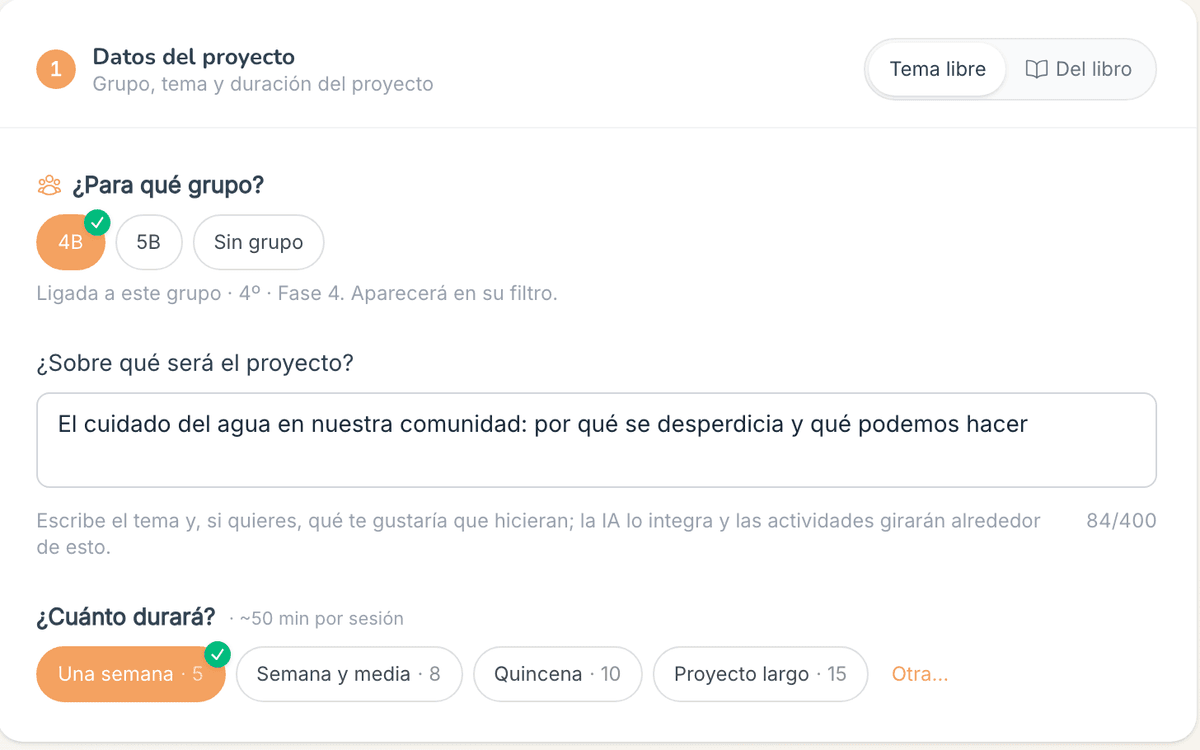 Formulario de nueva planeación: selector de grupo, tema del proyecto y duración