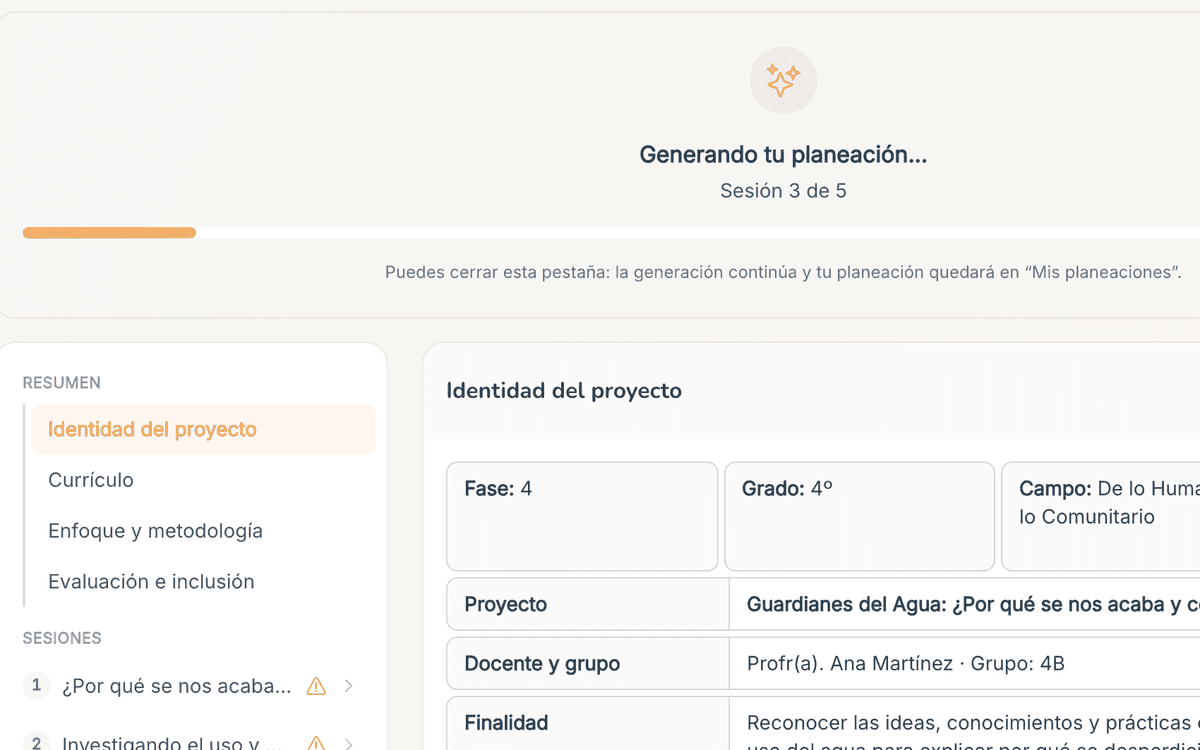 Pantalla de progreso mientras la IA genera la planeación