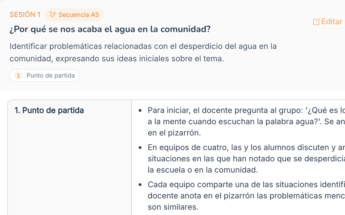 Detalle de la planeación con la identidad del proyecto y sus secciones
